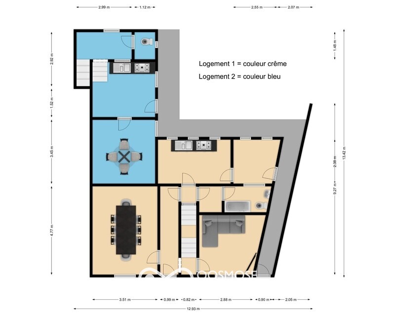 France/15' frontière - Double-maison (3 & 2 ch) avec jardin à rénover - Plan rez+1 - rue georges sand 41 - revin