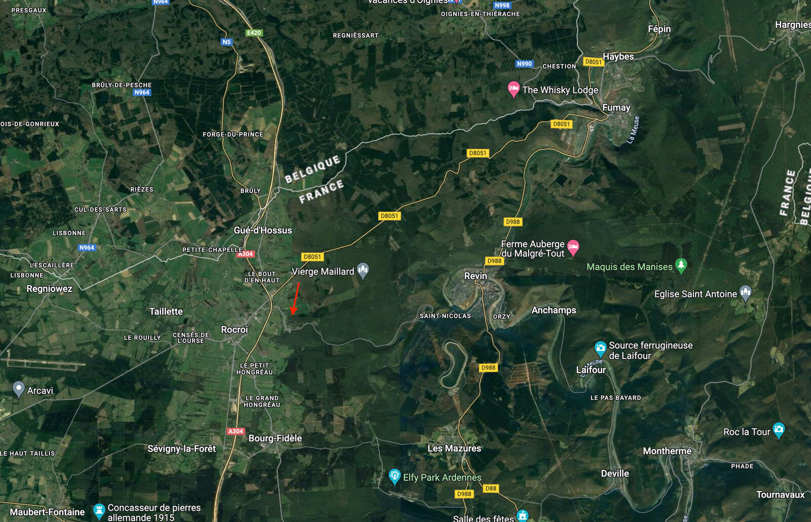 France/5' Belg. - Villa sur 4 hectares av étangs et ruisseau  - Vue sat 2 - route de revin 2311 - rocroi