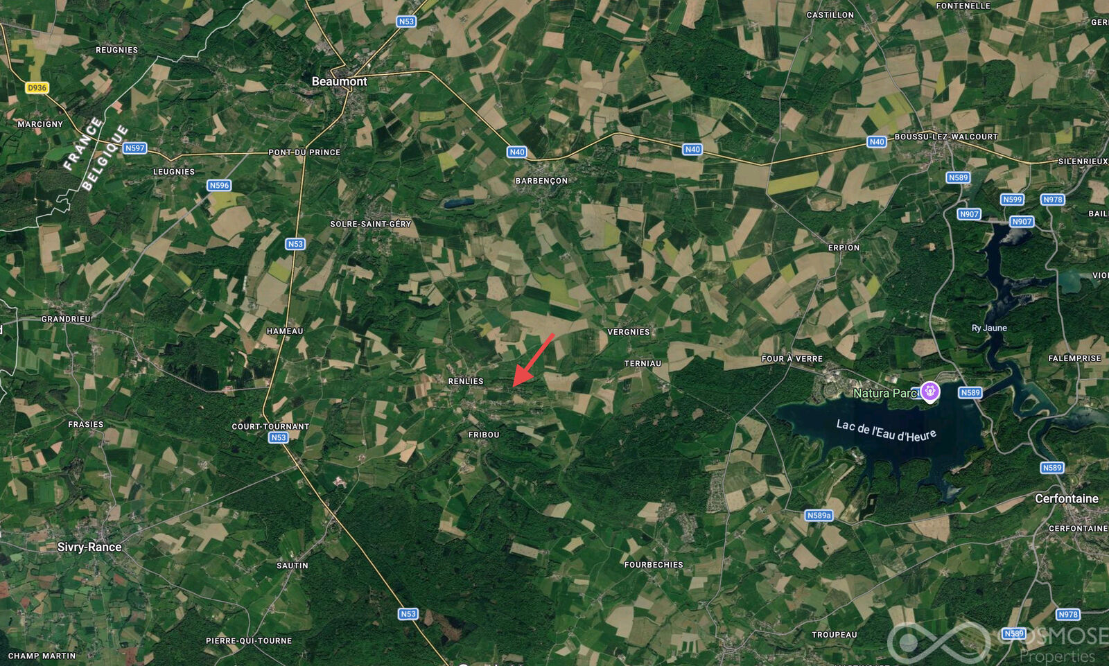 Villa de 2023 sur 19 ares dans cadre calme et boisé à 5' des Lacs - Vue sat 2 - renlies